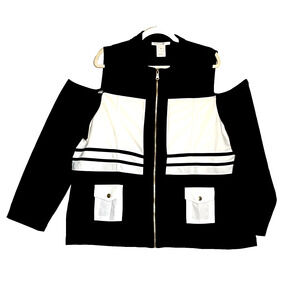 Womens SZ 2X Jacket Top Black White Cold Shoulder Color Block ZIP Pockets